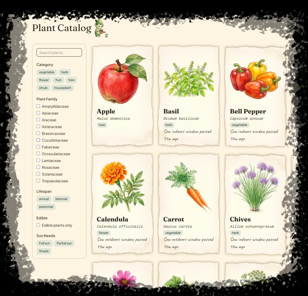 Plant catalog with botanical illustrations and sowing windows