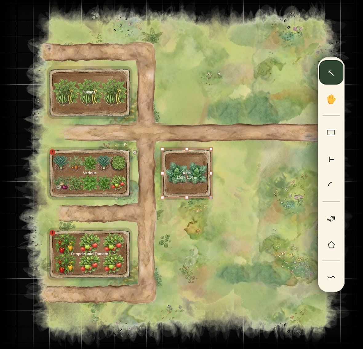 Illustrated garden canvas with beds and plant icons