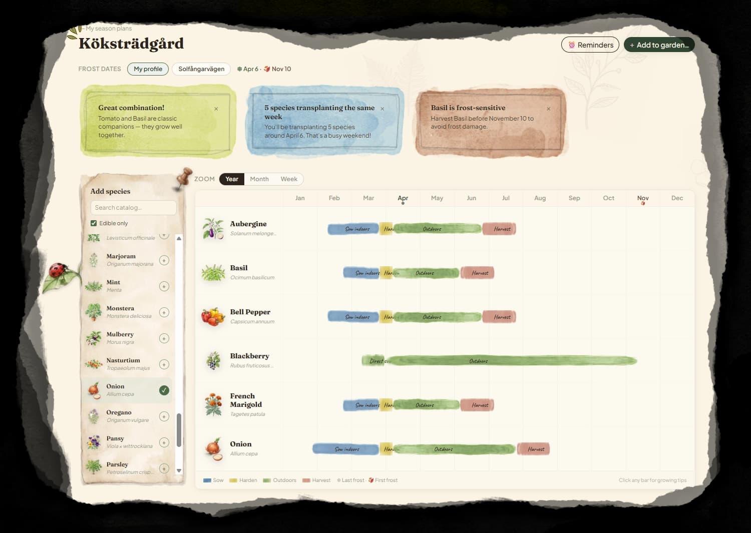 Garden planner timeline showing sowing and harvest windows for each plant